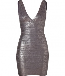 Make a striking statement at your next evening event in this glamorous metallic Bandage dress from Herv? L?ger - V-neckline, thick straps, d?colletage-enhancing at bust, bandage style with figure-hugging multi-panels, concealed back zip closure - Extra form-fitting - Style with metallic platform pumps and a jet black clutch