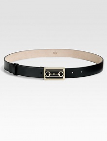 A smooth leather belt with horsebit-accented buckle in light gold hardware.About 1 wideMade in Italy 