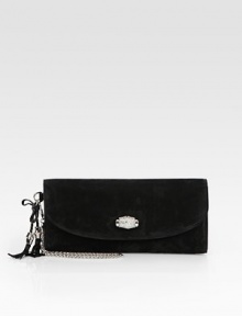 Suede defines this flap-front bag adorned with a rhinestone clasp, braided tassel and chic chain strap.Removable wristlet strap, 6¼ dropMagnetic flap and snap closureOne inside zip pocketOne inside snap pocketTwo credit card slotsOne mirrorFully lined9W X 4H X 1DMade in Italy