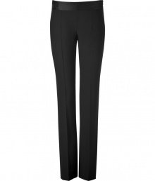 Elegant trousers in fine black stretch wool blend - Wide waistband has a chic, satin-like finish - Side zip, two hip pockets and slit pockets at rear - Modern silhouette and slim cut - Straight leg with flattering crease detail - Chic and polished, ideal for the office and cocktails - Pair with blazers, cropped leather jackets or cashmere pullovers and platform pumps