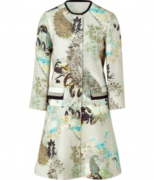 Bring ladylike refinement to your favorite daytime staples with this luxe printed coat from Etro - Rounded neckline, concealed front placket, front flap pockets at hip, all-over floral print - Pair with a fitted sheath dress and metallic heels