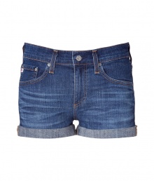 Stylish shorts in fine, blue cotton blend - Soft, medium weight denim in a whiskered, antique rinse - Curve-hugging, medium low rise cuffed boyfriend cut sits comfortably at hips - Classic five-pocket style with large belt loops, zip fly and button closure - A casually cool must in any summer wardrobe - Pair with tunics, t-shirts or silk tops and wedges or leather flats