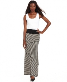 Studio M's maxi skirt is striking with diagonal tiers and a mesmerizing stripe print. A solid foldover waistband grounds the look.