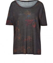 Work a Downtown edge into your contemporary casual separates with Iros impossibly cool printed linen tee - Wide neckline, short sleeves - Boxy straight fit - Perfect for tucking into pleated shorts, or layering with leather leggings and cozy modern knits