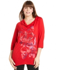 Snag a standout casual look with Style&co.'s three-quarter-sleeve plus size top, showcasing an embellished print.