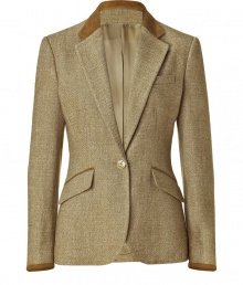 Classic tweed blazer of light brown linen-silk-wool blend - Fashionable equestrian style with sharply tailored, feminine fit - Slim silhouette features one-button front, moderately deep lapels and flap pockets - Contrasting piping - Wear with cashmere pullovers, narrow pants and high heels