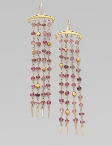 A four-strand fringe design dangles tiny beads of pink tourmaline and 18k gold from a polished 14k gold bar.Pink tourmaline 14k and 18k yellow gold Length, about 3 Ear wire Imported