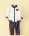 Suit your future sports star up in this comfortable jacket and pant set from First Impressions.