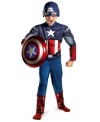 Save the day with this Captain America costume, and let him save the day when he dresses up as his favorite costumed superhero.