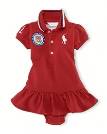 A preppy puff-sleeved polo dress in breathable stretch cotton mesh is accented with London embroidery to celebrate Team USA's participation in the 2012 Olympics.