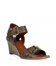 Wooden wedge heeled sandals of fine, brown leather - Wide straps create style and comfort - Features two silver buckles - Pair with a flared skirt, sundress or cropped pants, and a favorite tee, tunic or over-sized sweater