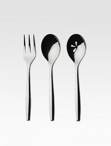 Handsome and elegant, this set of serving pieces make a dashing companion to almost any dinnerware. Set includes a serving spoon, slotted serving spoon and serving fork. 3 total pieces 18/10 stainless steel Machine wash Imported 