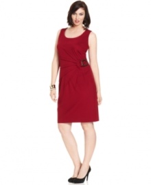 Wow them at work in Alfani's sleeveless plus size dress, accented by a pleated front.