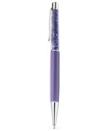 The write touch. Swarovski's pen, with silver-tone and purple details, is filled with tanzanite crystals for a sparkling statement. Item comes packaged in a velvet pouch. Black ink. Approximate size: 5-3/5 x 4/10 inches.