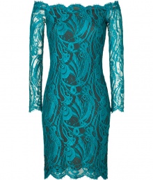 Show-stopping cocktail dress is the talk of the party - Designed in an elegant all-over lace rayon blend in shining teal - Feminine, body-hugging silhouette is off-the-shoulder with long, sheer sleeves and a mini-skirt length - Full-length exposed zipper at back - Dream dress with heels and a chic clutch