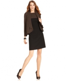 Tahari by ASL makes a sleek sweater dress even better by outfitting it with this coordinating striped jacket.