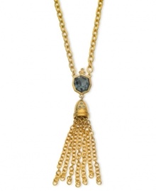 Worth the tassel: Crafted from 14k gold-plated, nickel-free base metal, this chain from T Tahari offers black and light sapphire-colored accents, as well as a tassel. Approximate length: 32 inches. Approximate drop: 4 inches.