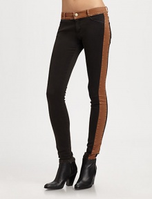 Contrast trim adds a colorblock effect to these stretchy, city-ready leggings. THE FITMedium rise, about 8Inseam, about 29THE DETAILSZip flyFour-pocket style98% cotton/2% spandexMachine washMade in USA of imported fabricModel shown is 5'11 (178cm) wearing US size 4.