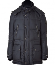 Stay warm in high style with this ultra-luxe down jacket from Belstaff - Stand collar with buckle detail, hood with drawstring, concealed front zipper placket with snaps, chest zip pockets, flap waist pockets, quilted details - Pair with jeans and a tee and motorcycle boots or with slim trousers and trainers