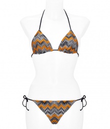 Inject city chic into your poolside look with Missonis mandarin-multi string bikini, detailed with black trim for an edgy modern finish - Self-tie string halter strap and back - Self-tie side strings on bottom - Comes with a matching drawstring pouch - Wear with jet black sandals and oversized beach totes