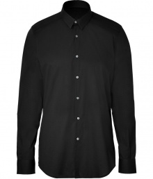 Achieve urbane sophistication in this slim fit shirt from Costume National - Small spread collar, button front placket, button-detailed cuffs, curved hem - Wear with sleek trousers, a leather jacket, and boots