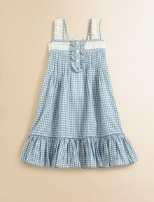 Delicate lace trim adorns the shoulder straps and neckline of this pretty A-line frock, rendered in a bright gingham check for preppy warm-weather style.Straight necklineWide shoulder strapsRuffled front button placketPintucked bodiceRear smockingFlared, ruffled hemCottonMachine washImported Please note: Number of buttons may vary depending on size ordered. 