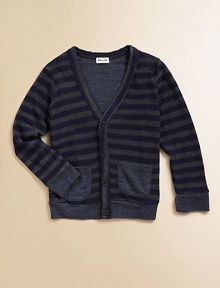 A handsome, striped cardigan with patch pockets in a v-neck silhouette for sophisticated style.V-neckLong sleevesButton-frontPatch pocketsRibbed cuffs and hem75% cotton/25% polyesterMachine washImported Please note: Number of buttons may vary depending on size ordered. 