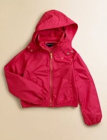 An essential in crisp, water-repellent microfiber designed with a protective hood, elasticized hem and tailored touches.Mockneck collar Attached hood has two-snap flap that covers the collar for extra protection Front zipper Long raglan sleeves Elasticized cuffs and hem Angled welt pockets Polyester Machine wash Imported