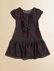 Inspired by vintage Americana, this comfy cotton plaid design features a flurry of ruffles along the placket and an elastic smocked drop waist.CrewneckPetal sleevesRuffled button-front placketRuffled hemFully linedCottonMachine washImported Please note: Number of buttons may vary depending on size ordered. 