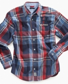 Pair this Tommy Hilfiger plaid shirt with a crisp pair of denim to give your guy a timeless style.