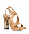 Inject classic style into your look with these ultra chic sandals from Salvatore Ferragamo - Multi-strap front, small front platform, ankle strap with buckle closure, chunky metallic heel - Style with a flowing maxi-dress, a loose knit cardigan, and a floppy hat