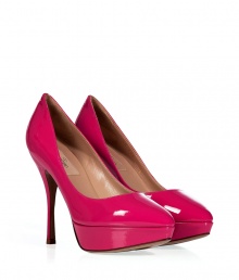 Add a punch of pink to your outfit with Valentinos bright patent leather platform pumps - Pointed almond toe, platform, slips on - Stiletto high-heel - Wear with everything from ankle jeans and pullovers to form-fitting cocktail dresses