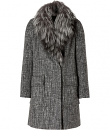 Ultra luxurious with a chic modern cut, Paule Kas fox fur collar coat is an elegant choice guaranteed to elevate your outfit - Tonal grey removable fox fur shawl collar, long sleeves, patch pockets, double-breasted snapped front, quilted lining - Softly fitted, straight silhouette - Team with sleek leather accessories and statement handbags