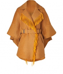 Exquisitely detailed with a finish of radiant textural fringe, Ermanno Scervinos wool twill cape is an ultra luxe take on contemporary outerwear - Notched lapel, draped 3/4 sleeves, hidden snapped front, flap pockets, buttoned sides, woven belted waistline - Draped silhouette, tailored at the waist with a matching double buckle leather-lined belt - Team with favorite skinnies and flawless boots