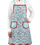 Look great, cook great! Create excitement in the kitchen with this fun & lively apron. Made from durable cotton, this flower- and stripe-printed chef's must-have showcases your passion for baking & creating.