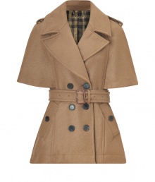 Trendy meets classic with this short, wool jacket - Designed with traditional trench features including a wide lapel, shoulder flaps, double-button packet and waist belt - Features short sleeves, short cut and back yoke - Pair with a leather pencil skirt, cashmere dress or slim pants to capture a sophisticated look