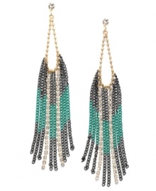 Make a clean sweep! Bar III's chic tassel earrings feature turquoise and hematite-colored acrylic chains accented by round-cut crystal posts and drops. Set in gold-plated mixed metal. Approximate drop: 4-7/10 inches.