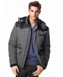 Major warmth, little bulk This Bar III quilted hooded bomber jacket offers sleek style to keep you cozy all season.