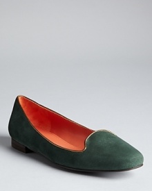 Via Spiga's smoking flats are dressed up with metallic piping, in sophisticated suede.