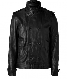 Black double-breasted leather jacket - Ultra-stylish black double-breasted leather jacket - Get the look of the season in this luxe leather -On-trend military details with a rugged motorcycle silhouette - Wear with distressed jeans, a pullover, and motorcycle boots for downtown-ready casual - Try with slim trousers, a button-down, and retro trainers