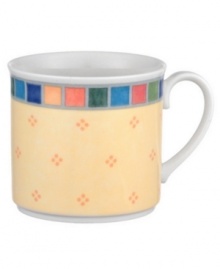 The Twist Alea breakfast cup makes every morning bright. Features an enamel colorblock pattern reminiscent of Spanish tile and a vivid band of color along the rim.