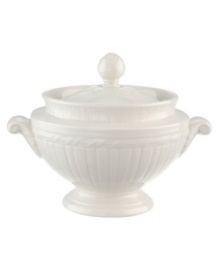 Distinguished by rich relief patterns in milky white china, the Cellini collection brings European classicism to the table. Shaped like a miniature tureen, ridged sugar bowl has a braided design and finial top. Microwave and dishwasher safe.