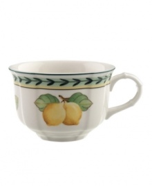 The Fleurence teacup has a summer fruit pattern on a pale yellow background. In dishwasher- and microwave-safe porcelain. From the Villeroy & Boch dinnerware and dishes collection.