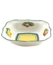 A contemporary shape with a classic pattern, the square individual bowl from Villeroy & Boch's French Garden collection of dinnerware and dishes has a summery fruit pattern with a pale yellow center and green trim.