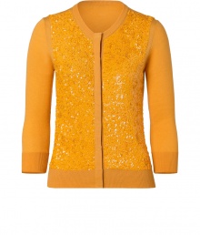 Shimmer into autumnal elegance in LWren Scotts saturated sunflower 3/4 sleeve cardigan, intricately embellished with sparkly tonal sequins for an exquisitely glamorous finish - Rounded neckline, 3/4 sleeves, fine ribbed trim, hidden snapped front with velvet panel - Feminine slim fit - Team with sleek sheaths for work, or dress up with pretty cocktail dresses and a dusting of sparkly fine jewelry