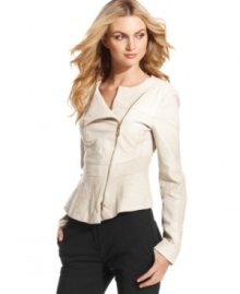 Vince Camuto's leather jacket offers a tough-chic aesthetic with a fitted silhouette and asymmetrical styling.