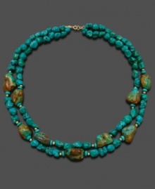 Adorn your neckline with the raw, untouched beauty of turquoise chips (6-7 mm). Double-strand necklace set in 14k gold. Approximate length: 18 inches.