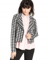 Purveyor of punk: Material Girl adds graphic attitude to this fall jacket with houndstooth-print and chic, moto design.