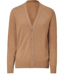 A must-have casual staple, this merino wool cardigan adds a preppy accent to any look - V-neck, long sleeves, front button placket, ribbed hem and cuffs, slim fit - Style with a cashmere pullover and straight leg jeans or chinos