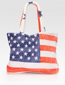 Take a bit of Americana to the beach, the woods or even the mall with this patriotic tote of plush, durable terry, screened with a slightly distressed flag motif.Double shoulder strapsInside open pocketsCotton18W X 15H X 4DMachine washMade in USA